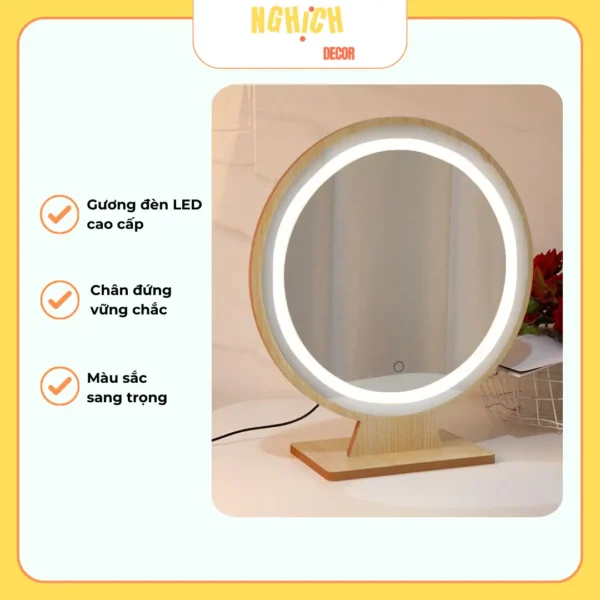 Gương Để Bàn NGHỊCH DECOR Trang Điểm Khung Gỗ Cao Cấp Xoay 360 Độ